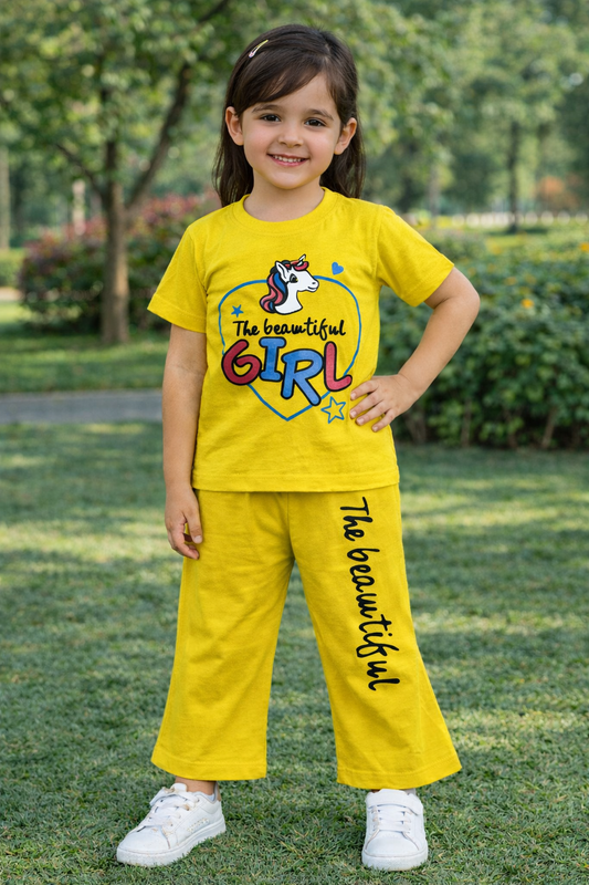 Cute Yellow Unicorn Print Girls Cotton Jersey Summer Fashion Suit