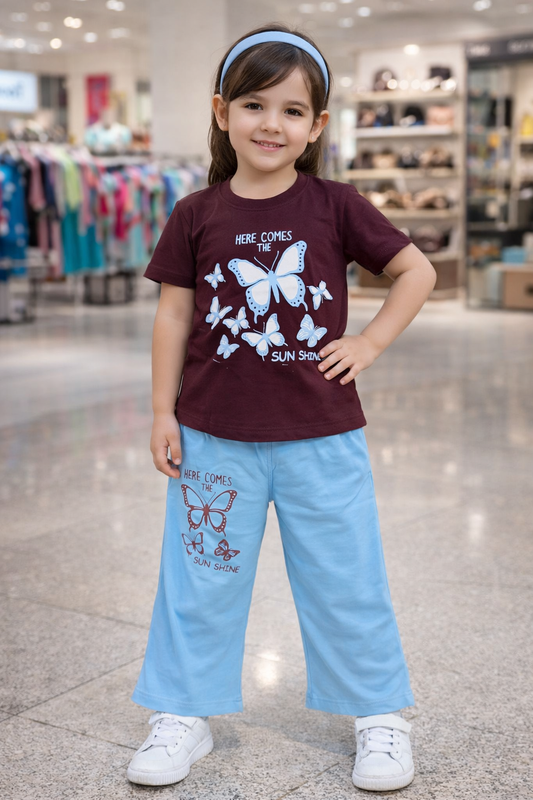 Premium Butterfly Print Girls Cotton Jersey FLYPER Summer Fashion Suit