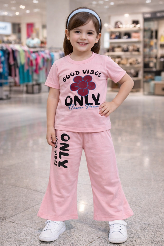 Stylish Pink Flower Print Girls Cotton Jersey Wide Leg Summer Suit