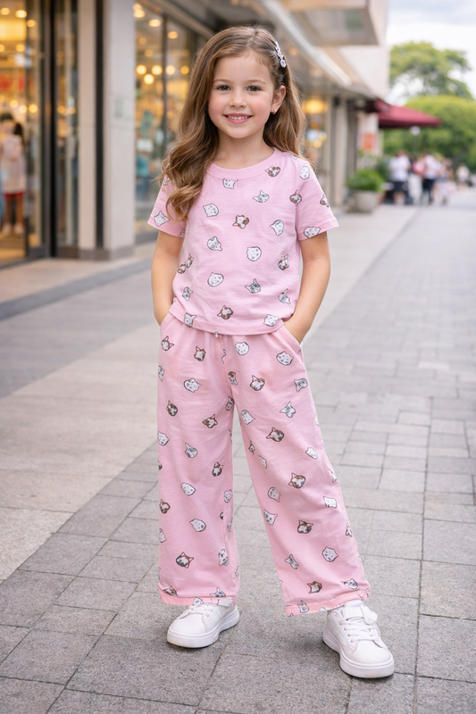 Pink Kitty Print Girls Night & Lounge Set