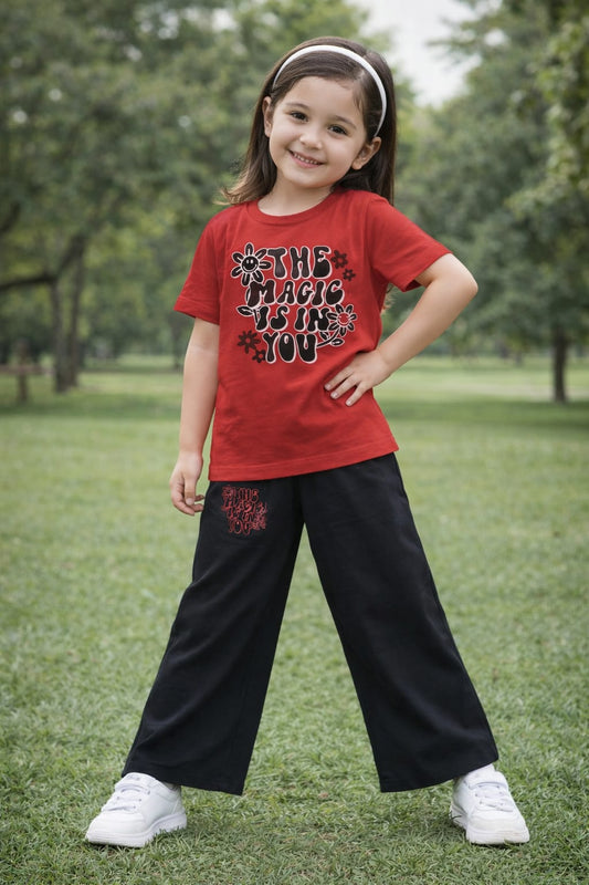 Girls Red Graphic T-Shirt & Black Wide-Leg Pants Casual Outfit