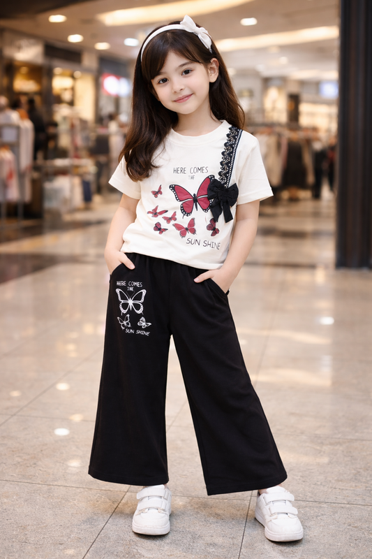 Girls Butterfly Cream & Black Summer Co-Ord Set – Wide Leg Trouser | 2 Pcs Cotton Outfit