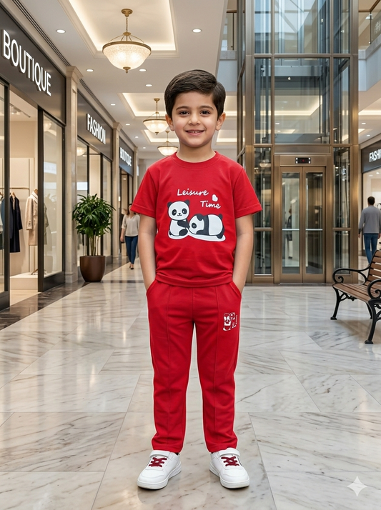 Boys Red Panda Printed Summer Tracksuit – Soft Cotton 2PC Set | NCCOLLECTION